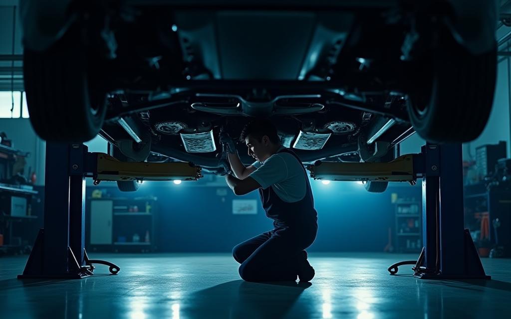 Mechanic working under a car lift in a clean workshop, high-quality shot.