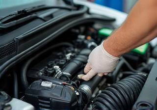 Mechanic working on a car's air conditioning system.
