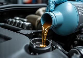 Mechanic pouring oil into an engine.