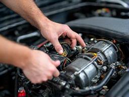 Close-up of a mechanic's hands working on a car engine.