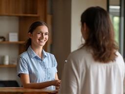 Friendly staff member smiling and assisting a customer.