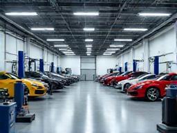Interior view of a clean and well-organized automotive workshop.
